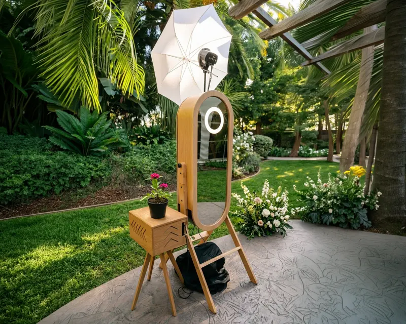 Oak oval mirror photo booth with an umbrella light, set up on a garden patio