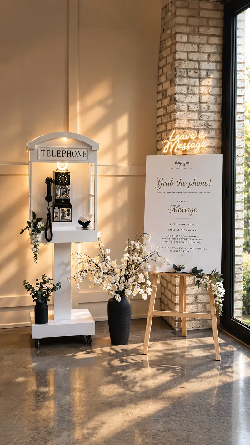 White vintage telephone booth with a rotary phone, lit by warm evening light beside a message sign